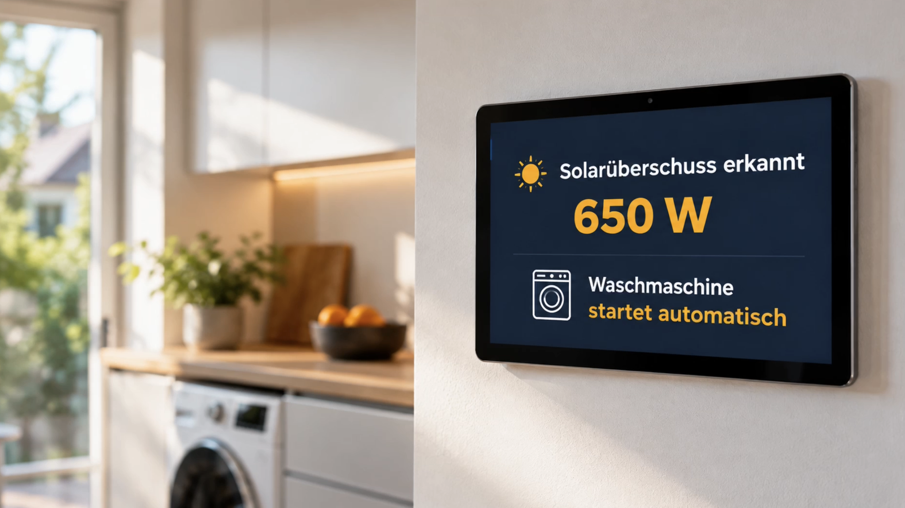 Anwendungsbeispiel: Ein Wanddisplay zeigt Solarüberschuss und den automatischen Start einer Waschmaschine.